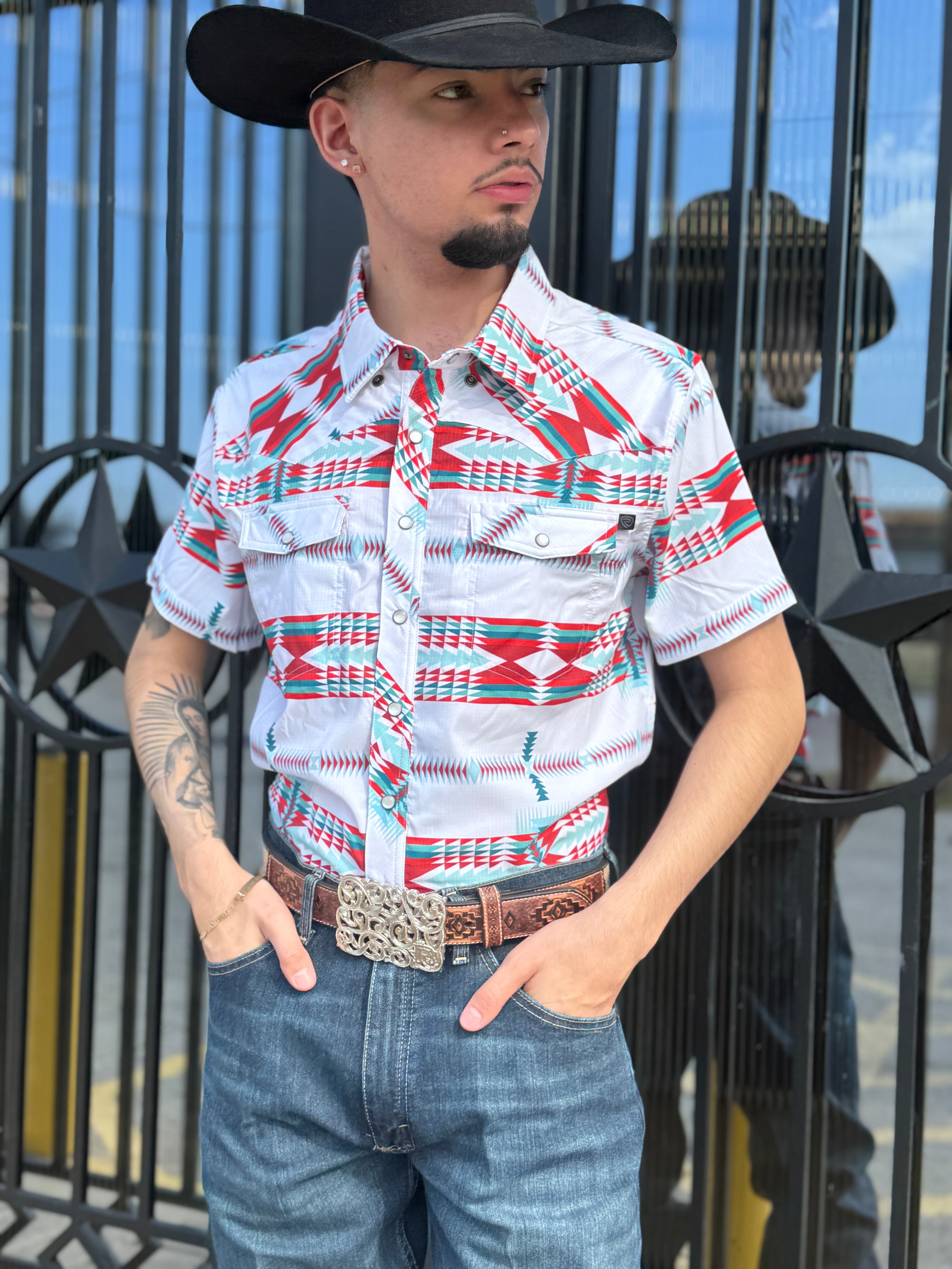 MENS ROCK & ROLL TEK WHITE AZTEC PRINT SHORT SLEEVE | BMN3S05960