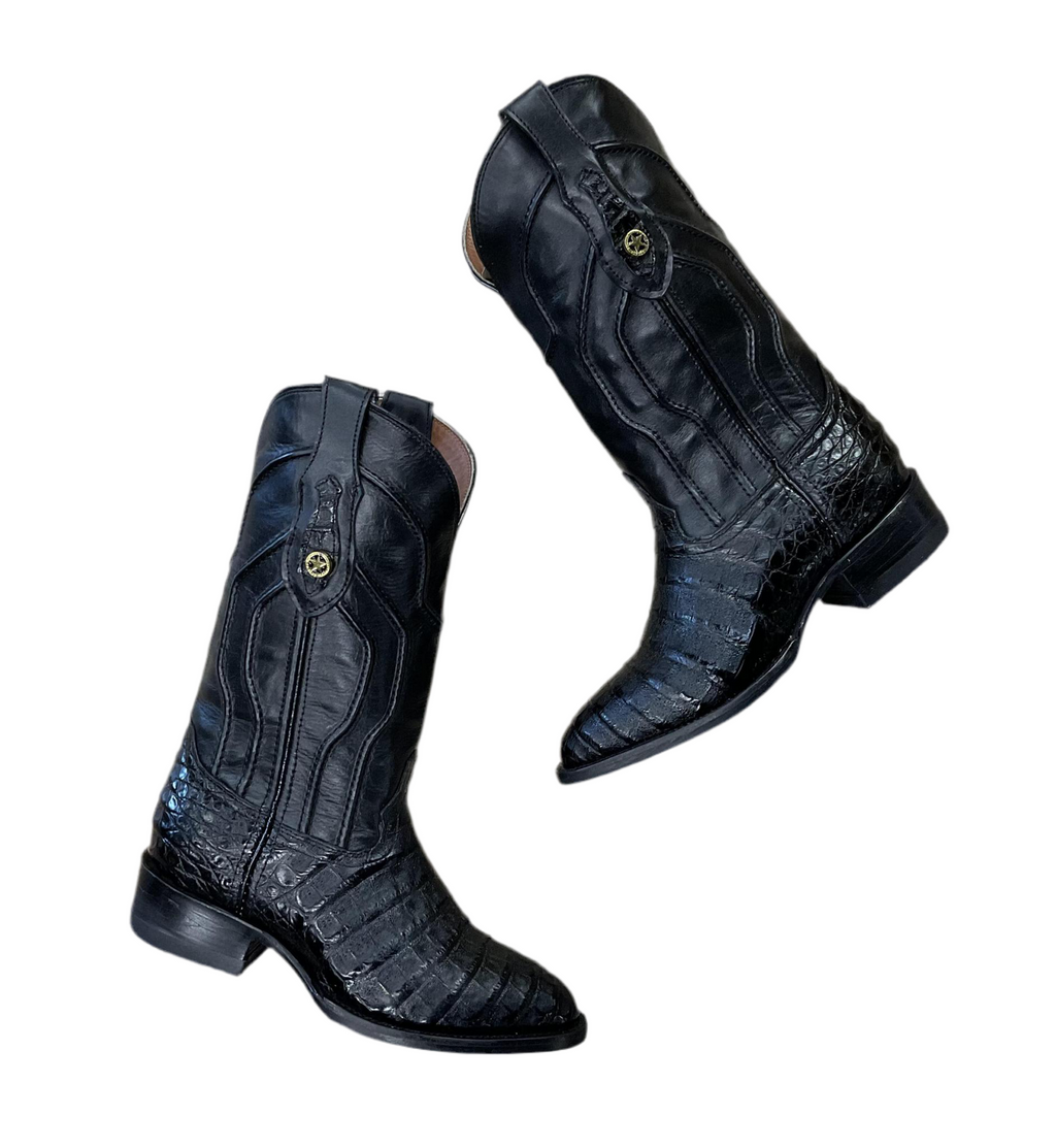 ‘’ELAN’’  BLACK CAIMAN BELLY J TOE BOOTS