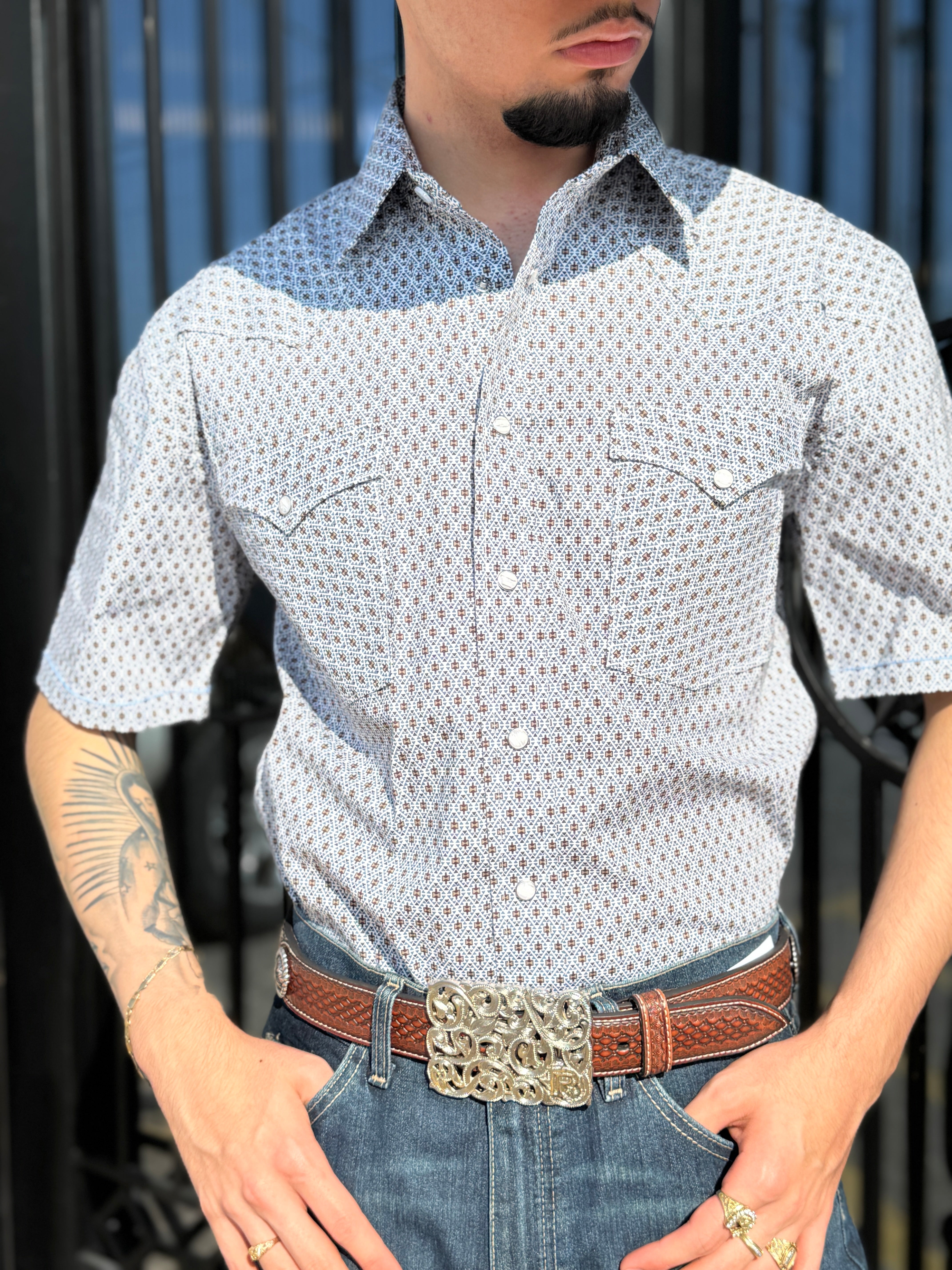 Mens Rock & Roll short sleeve snap blue shirt |RMN3S05668