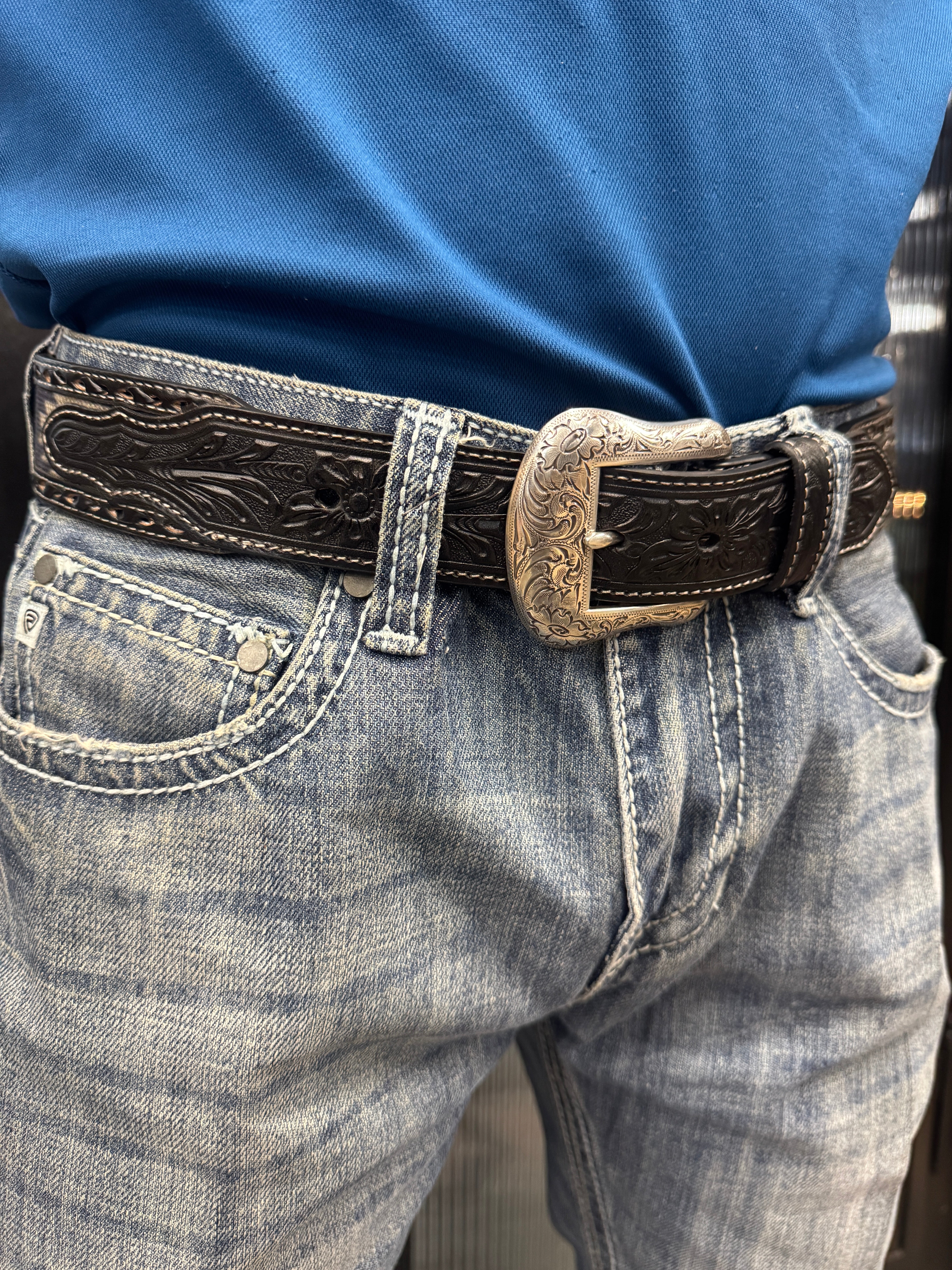 “ BLUE AZTEC “  | MEN WESTERN COWBOY BELT SOUTHWESTERN FABRIC BUCK STITCH N210002706
