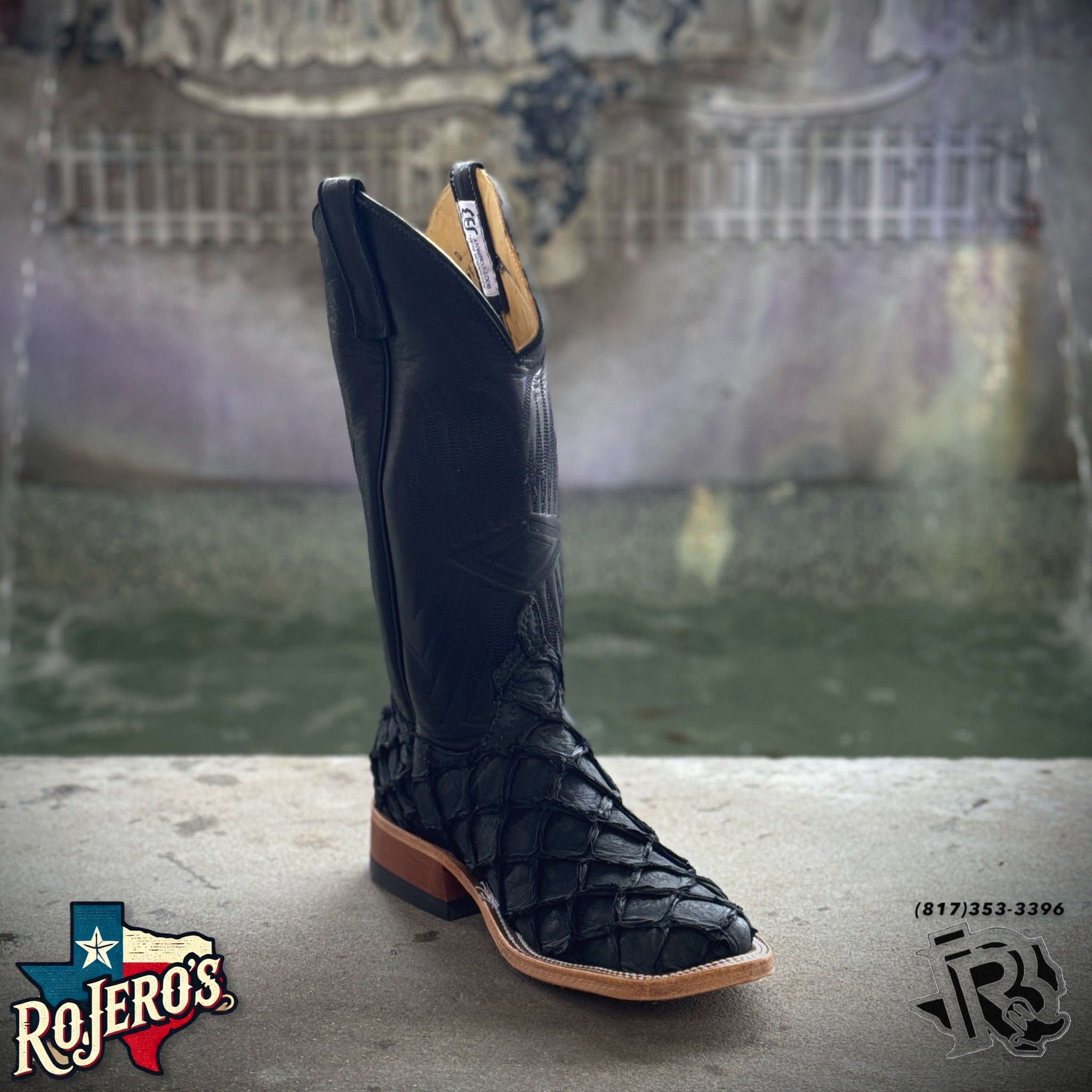 ANDERSON BEAN | FISH BOOT SQUARE TOE MEN WESTERN BOOTS MATTE BLACK STYLE :