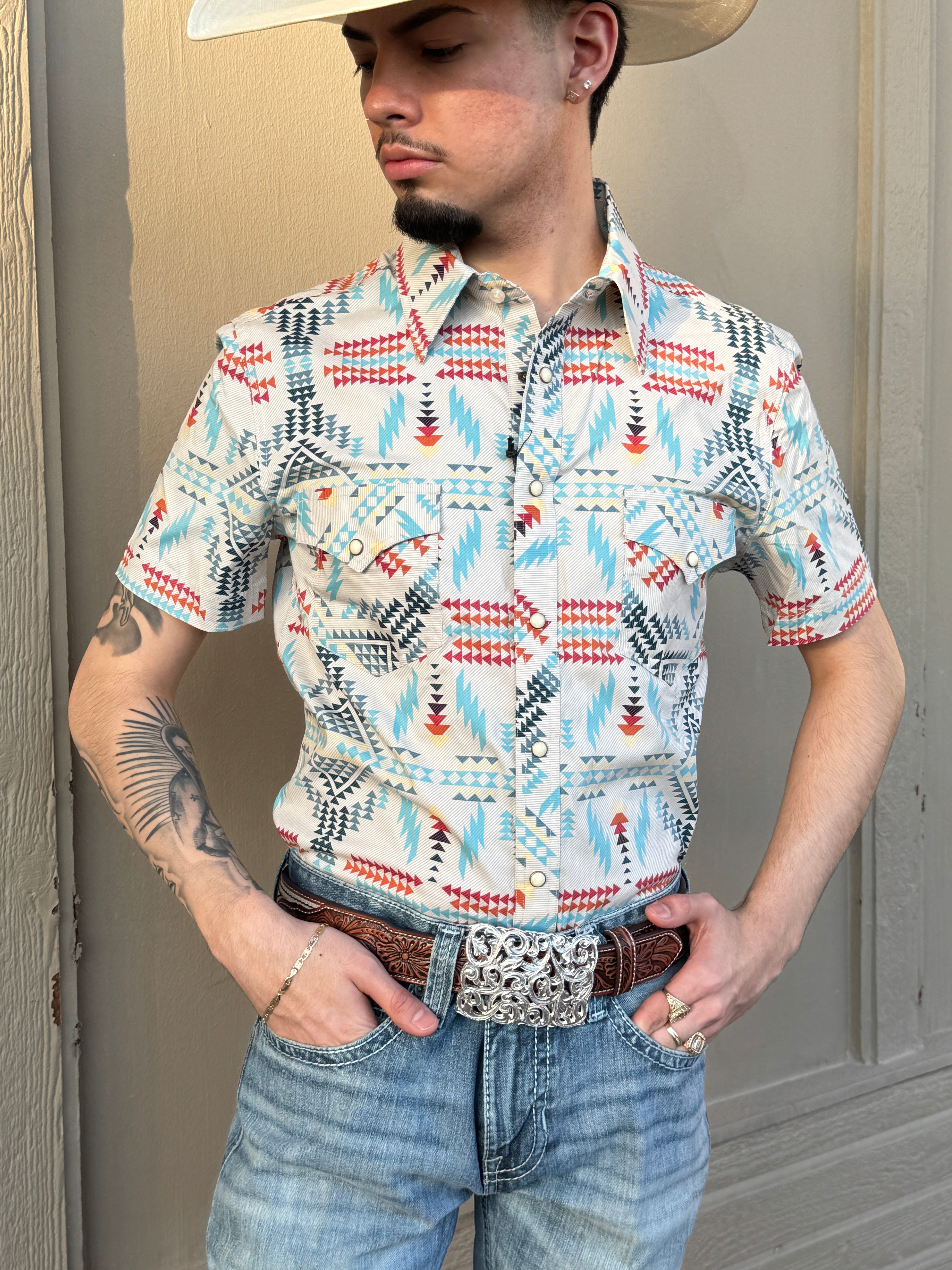 MEN’S ROCK & ROLL NATURAL AZTEC PRINT SHORT SLEEVE SHIRT|BMN3S05847