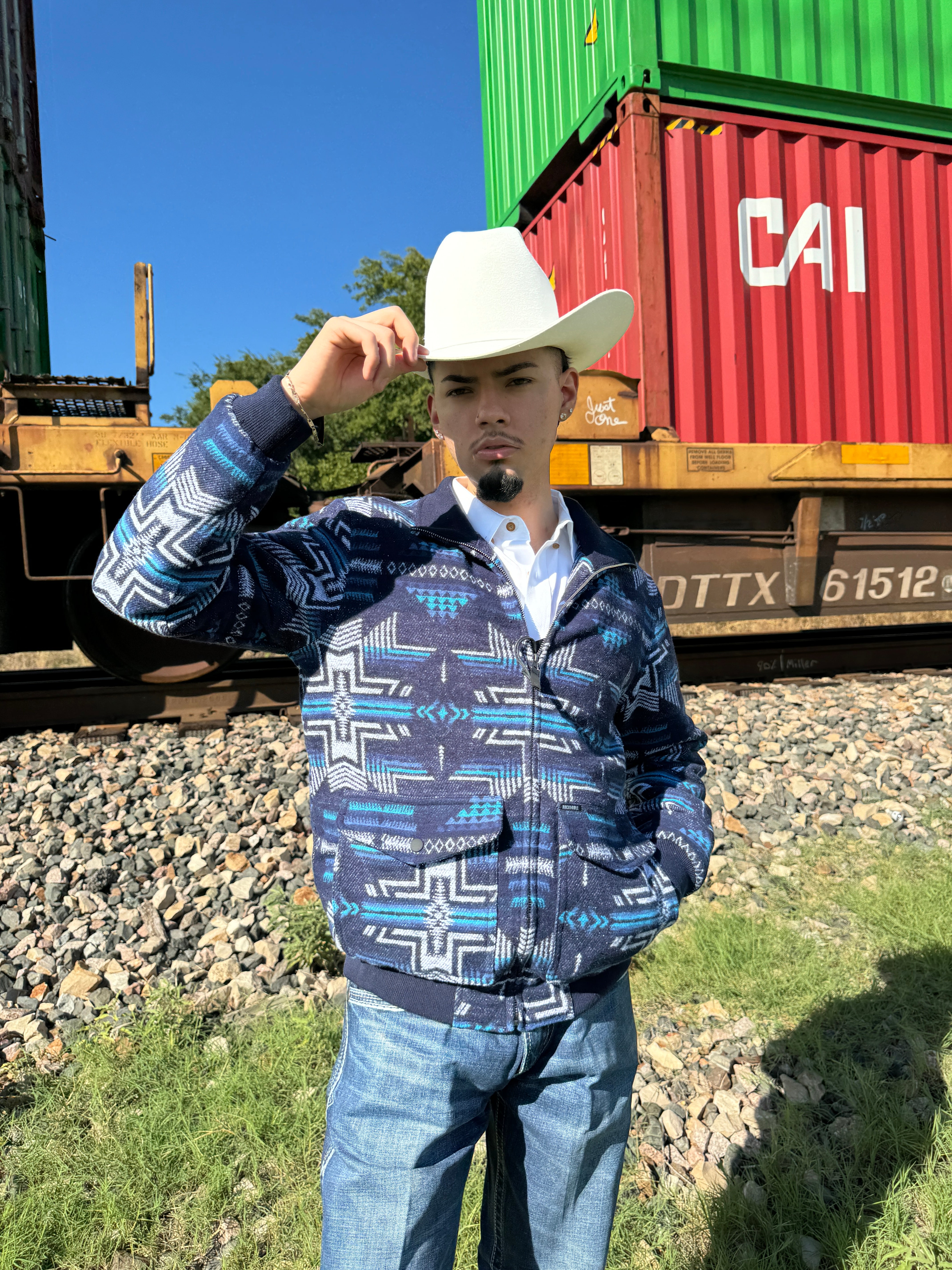 MENS ROCK & ROLL NAVY JACQUARD BOMBER JACKET |BM92C04333