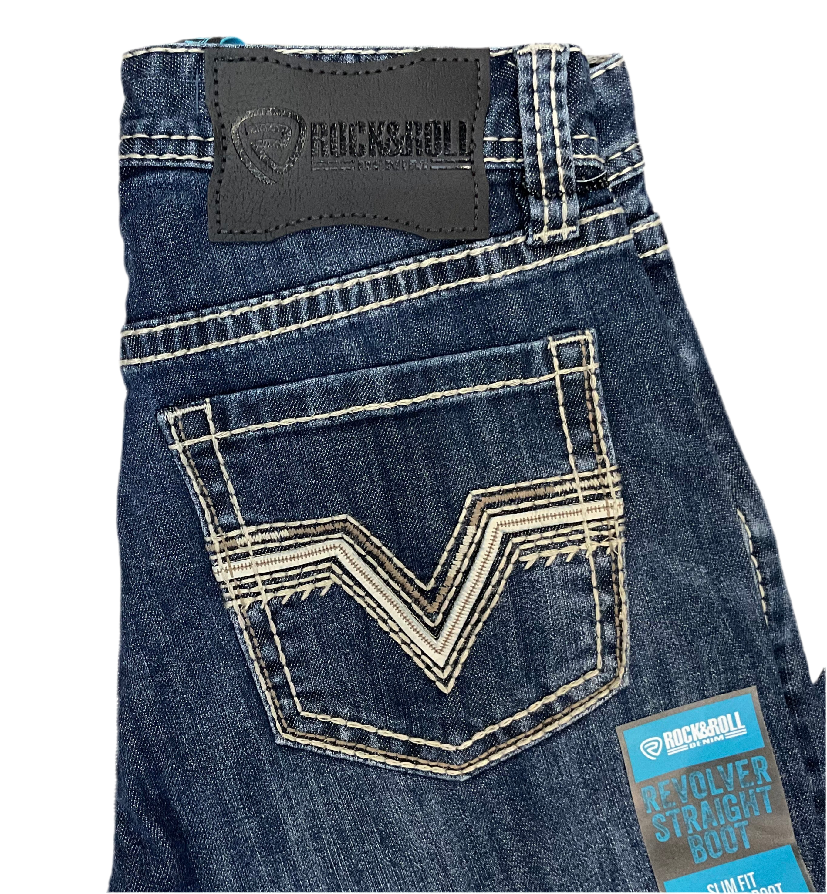 MEN’S ROCK & ROLL DARK VINTAGE ZIG ZAG EMB SLIM STRAIGHT BOOT JEANS | BM1RD06705