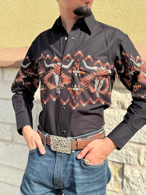 Rock & Roll Denim Men's Black Skull Aztec Border Long Sleeve Shirt |SMN2S06048
