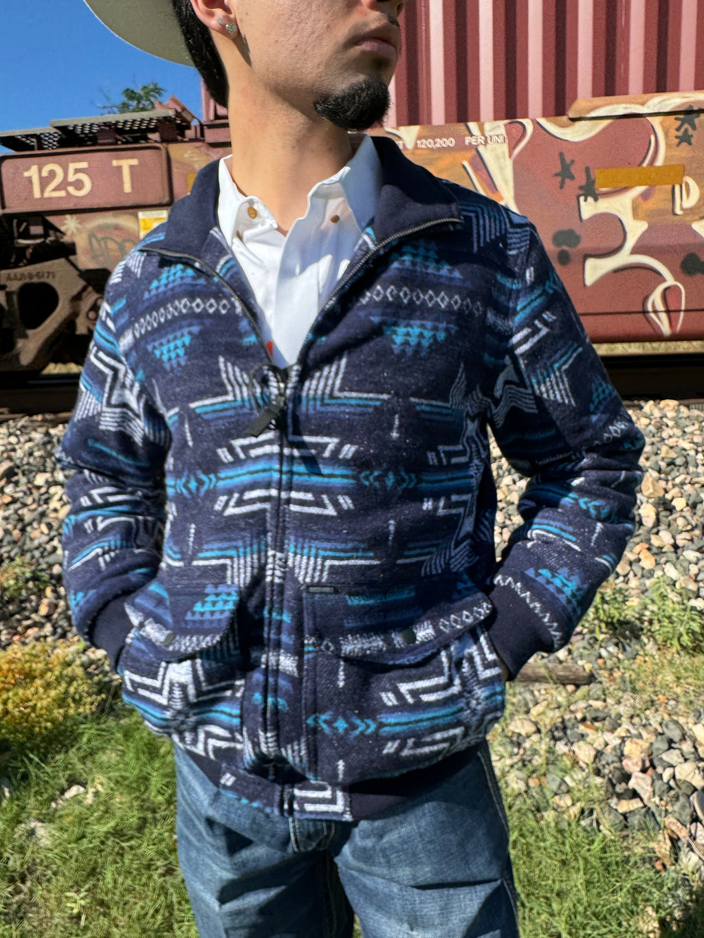 MENS ROCK & ROLL NAVY JACQUARD BOMBER JACKET |BM92C04333