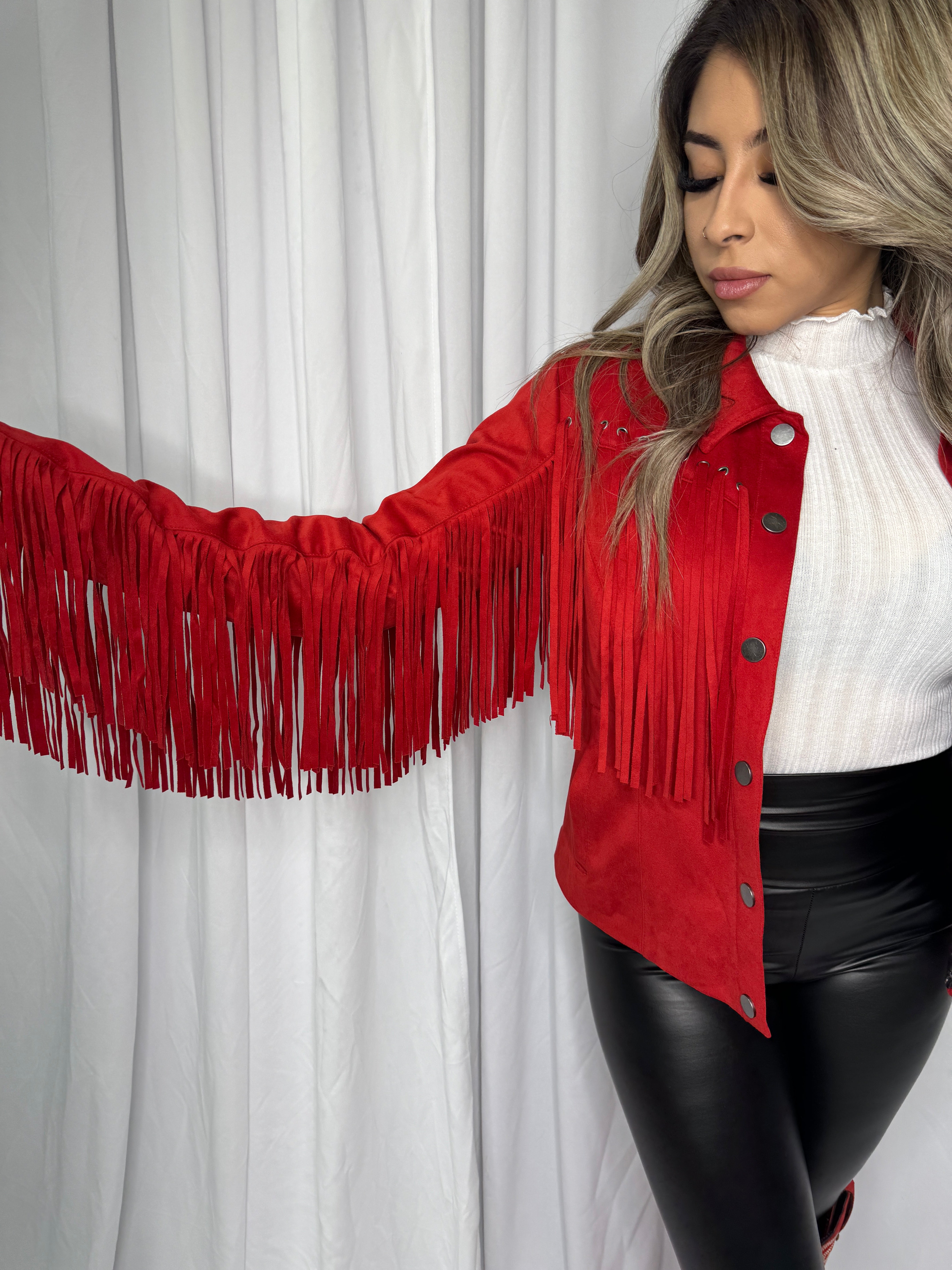 PANHANDLE SHORT SUEDE FRINGE RED COAT | DW92C03149