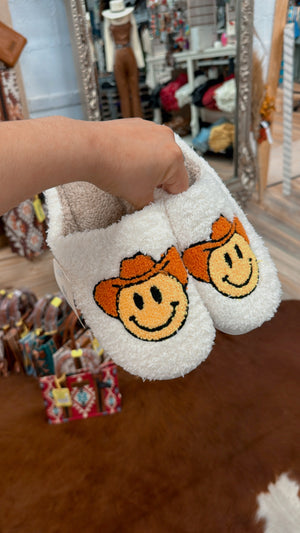 FLUFFY SLIPPERS COWGIRL SMILEY FACE