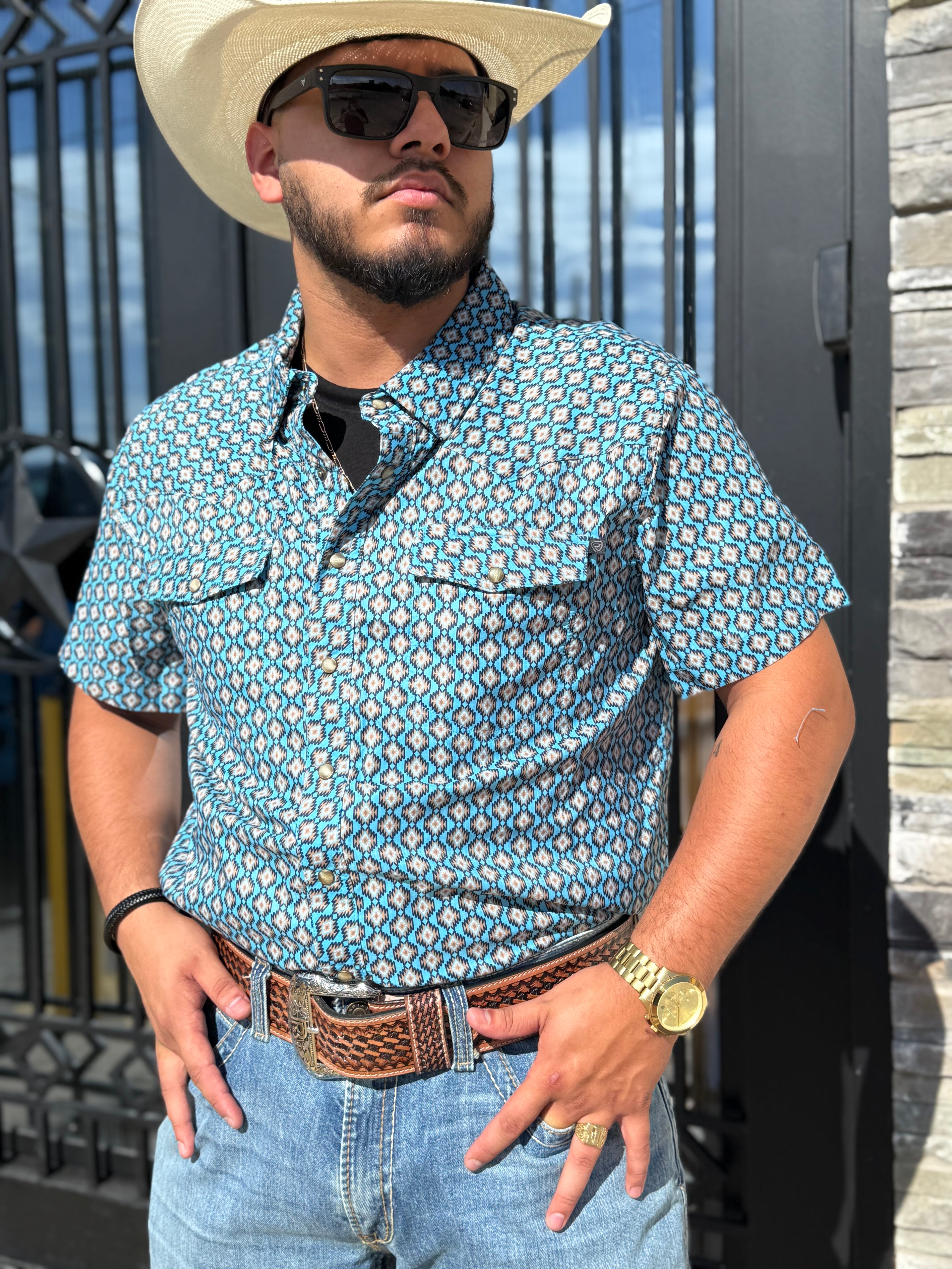 ‘’CARSON’’ MEN’S ROCK & ROLL BLUE MINI AZTEC TEK WESTERN SNAP SHIRT |BMN3S06422