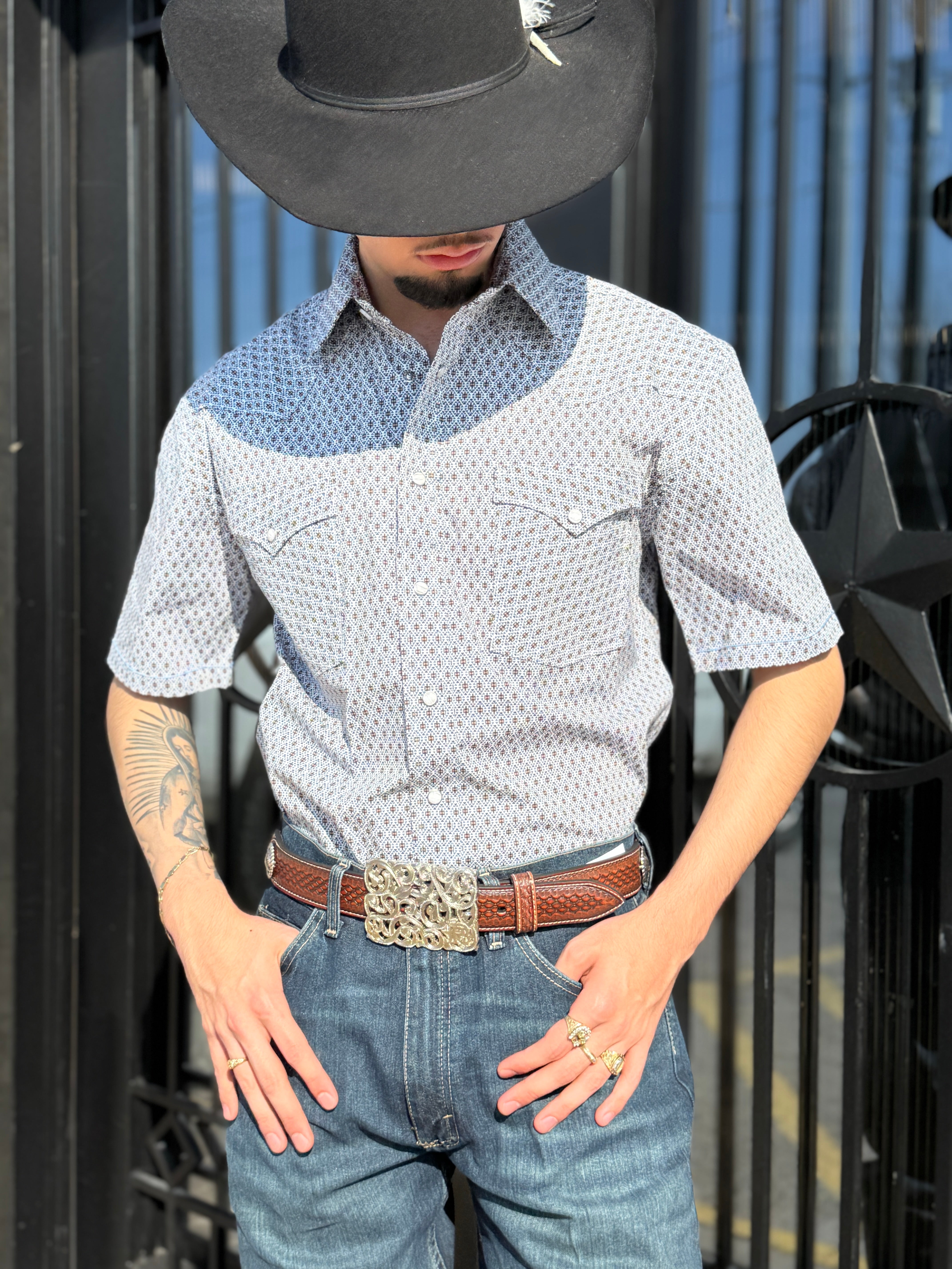 Mens Rock & Roll short sleeve snap blue shirt |RMN3S05668