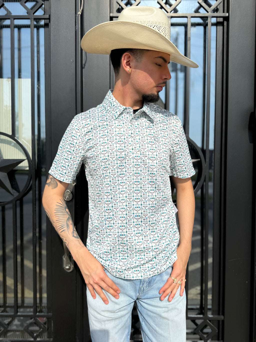 ‘’MATEO’’ MENS PANHANDLE TURQUOISE SNAP POLO |TM51T06521