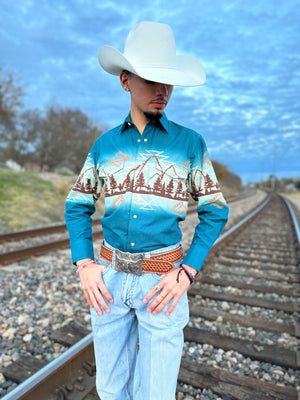 Mens long sleeve Aztec mountain borders snap shirt | SMN2S02455