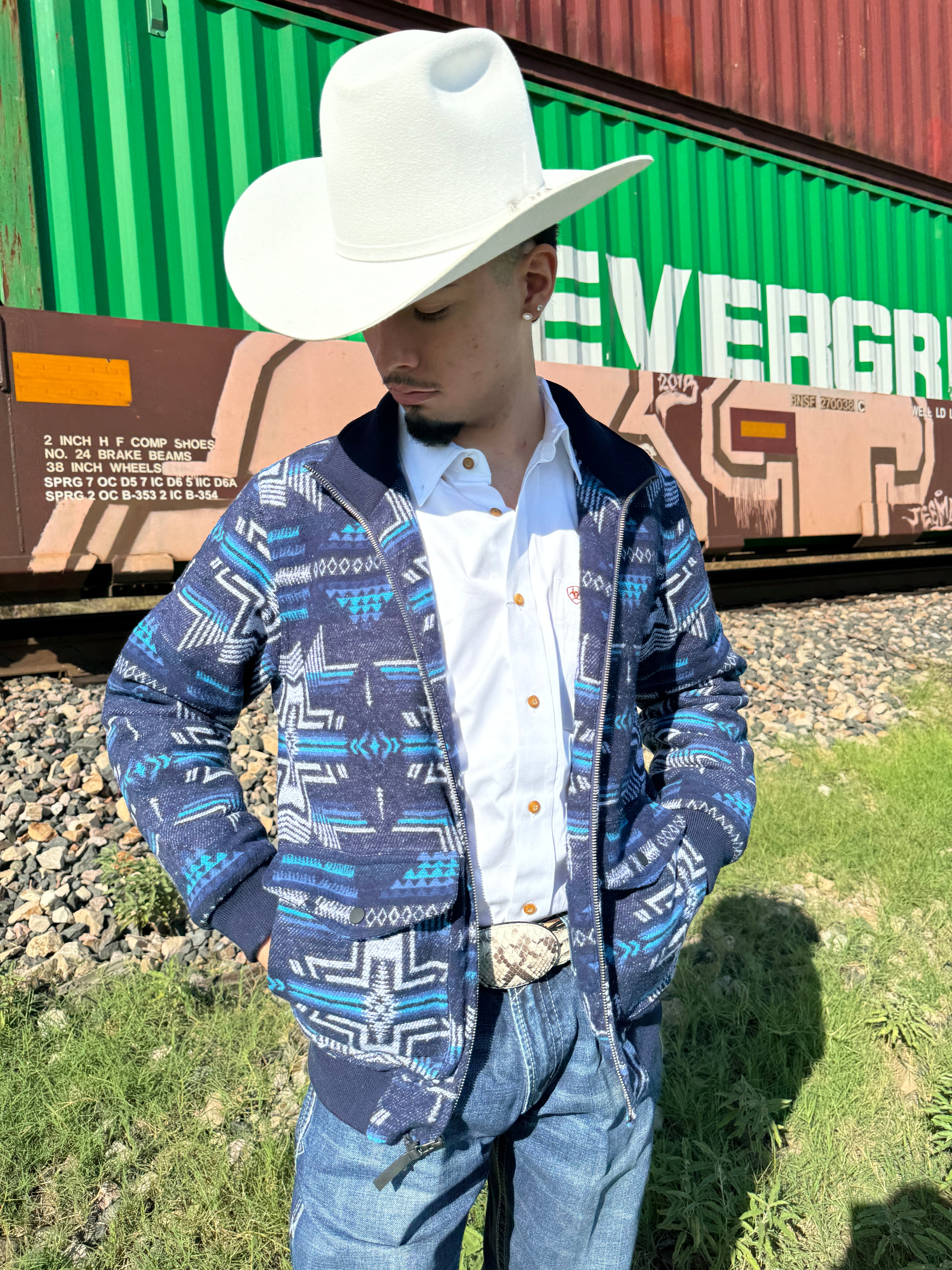 MENS ROCK & ROLL NAVY JACQUARD BOMBER JACKET |BM92C04333