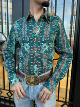 Load image into Gallery viewer, Mens long sleeve 2pkt Aztec woven snap turquoise shirt | BMN2S02151