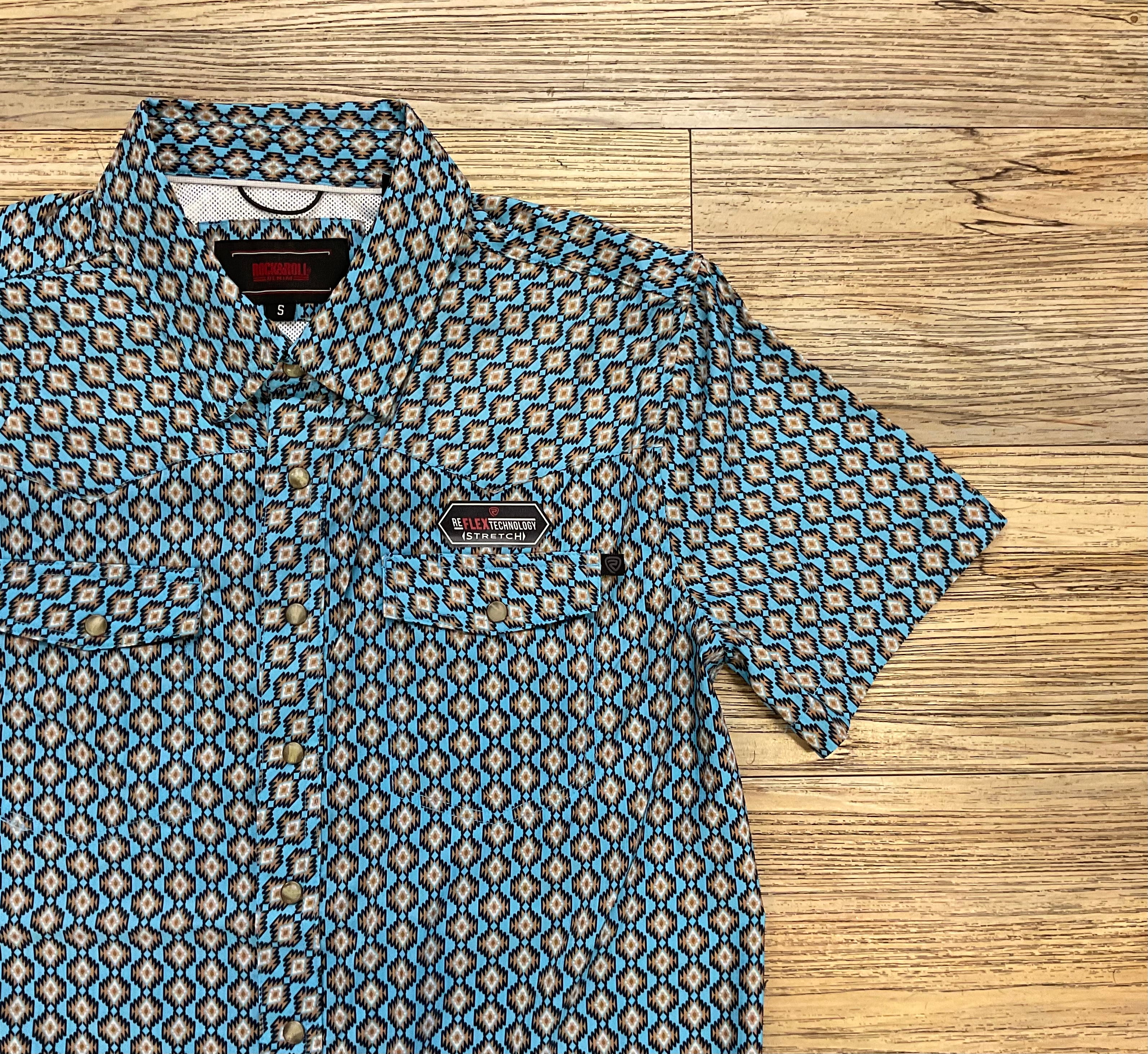 ‘’CARSON’’ MEN’S ROCK & ROLL BLUE MINI AZTEC TEK WESTERN SNAP SHIRT |BMN3S06422
