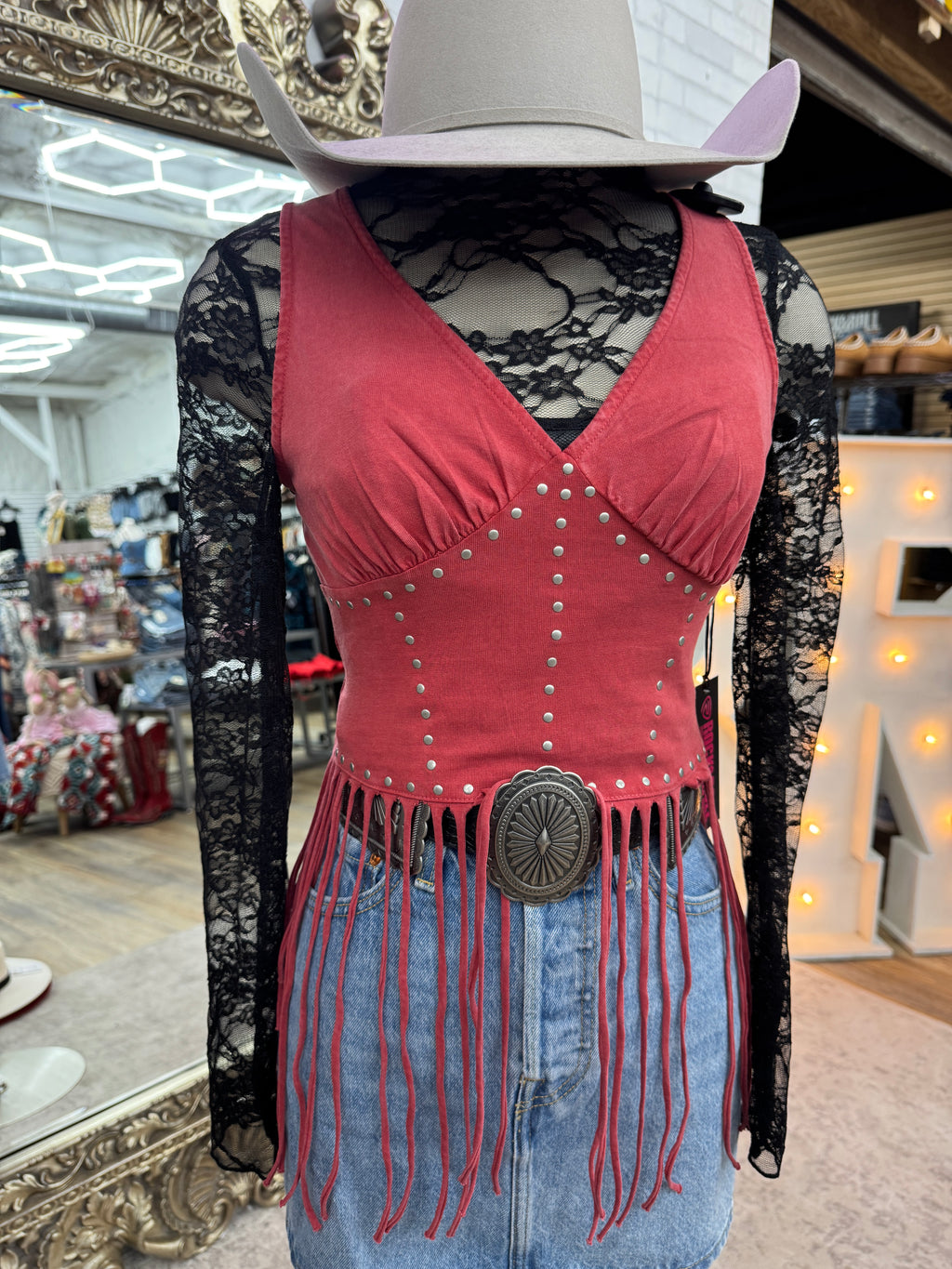 Womens Rock & Roll Studded Tank with Fringe Red | BW20T03893