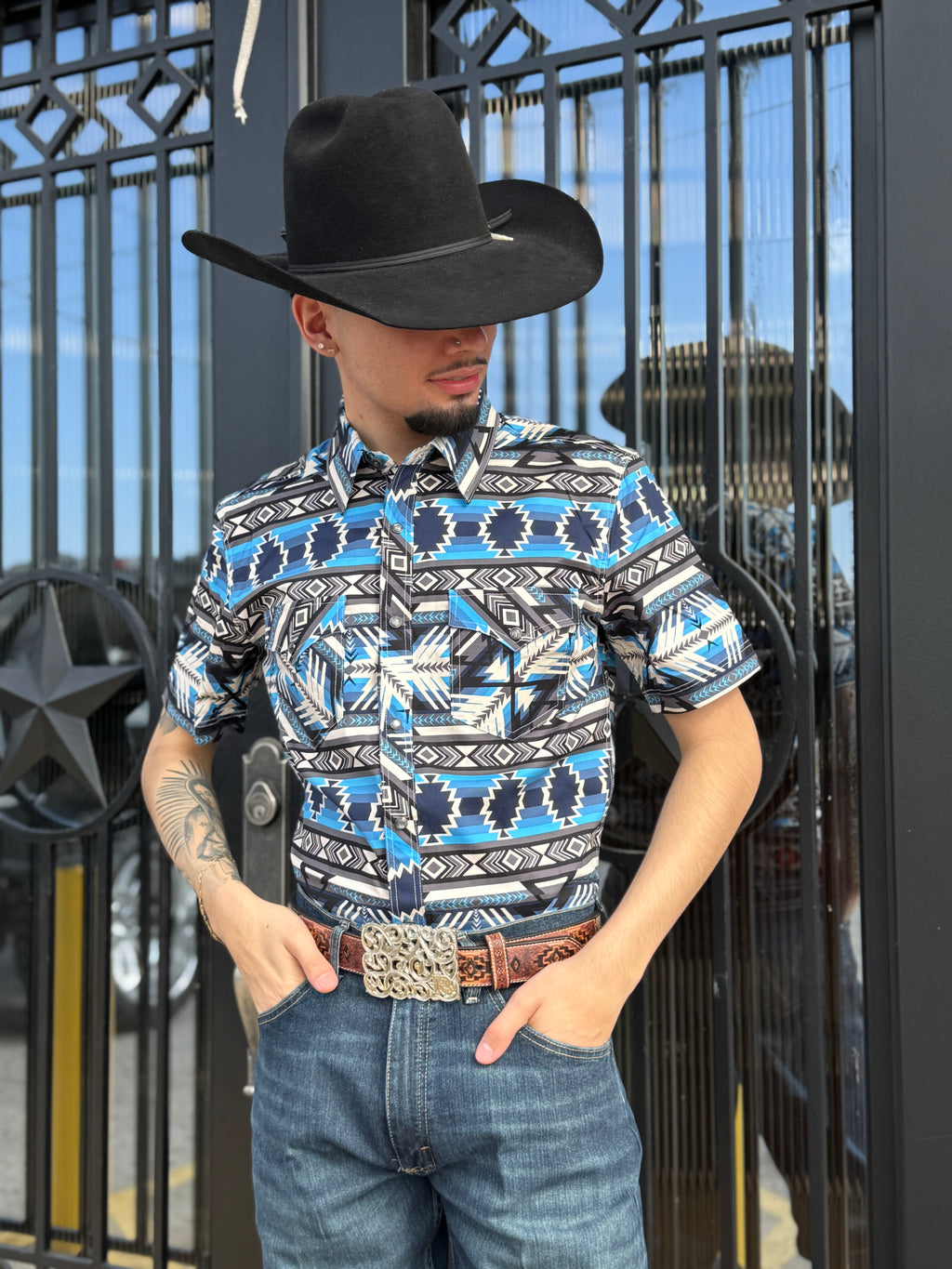 MEN ROCK & ROLL BLUE AZTEC PRINT SHIRT | BMN3S05861