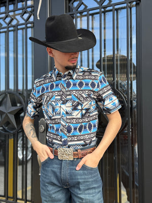MEN ROCK & ROLL BLUE AZTEC PRINT SHIRT | BMN3S05861