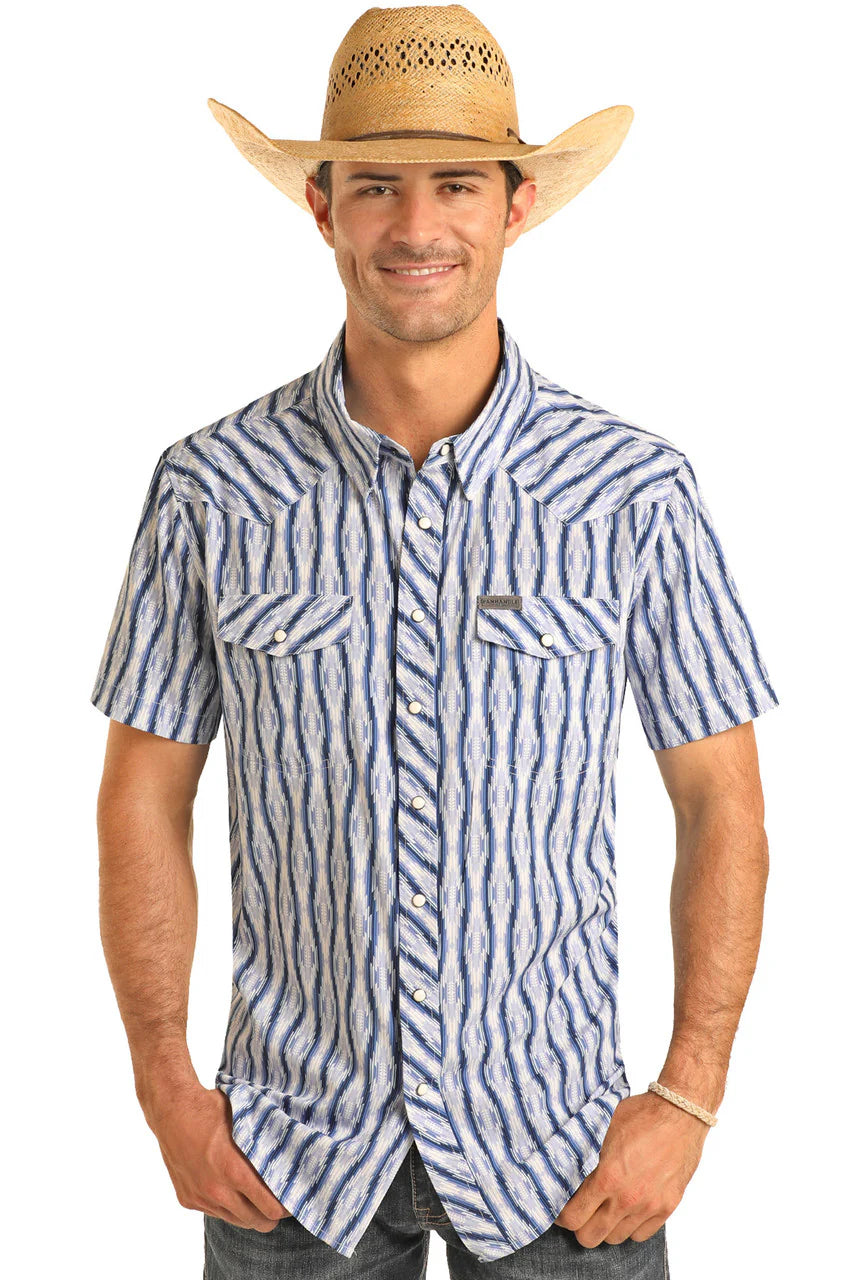 Mens Rock & roll 2PKT Aztec woven blue shirt | TMN3S04291
