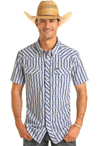Mens Rock & roll 2PKT Aztec woven blue shirt | TMN3S04291