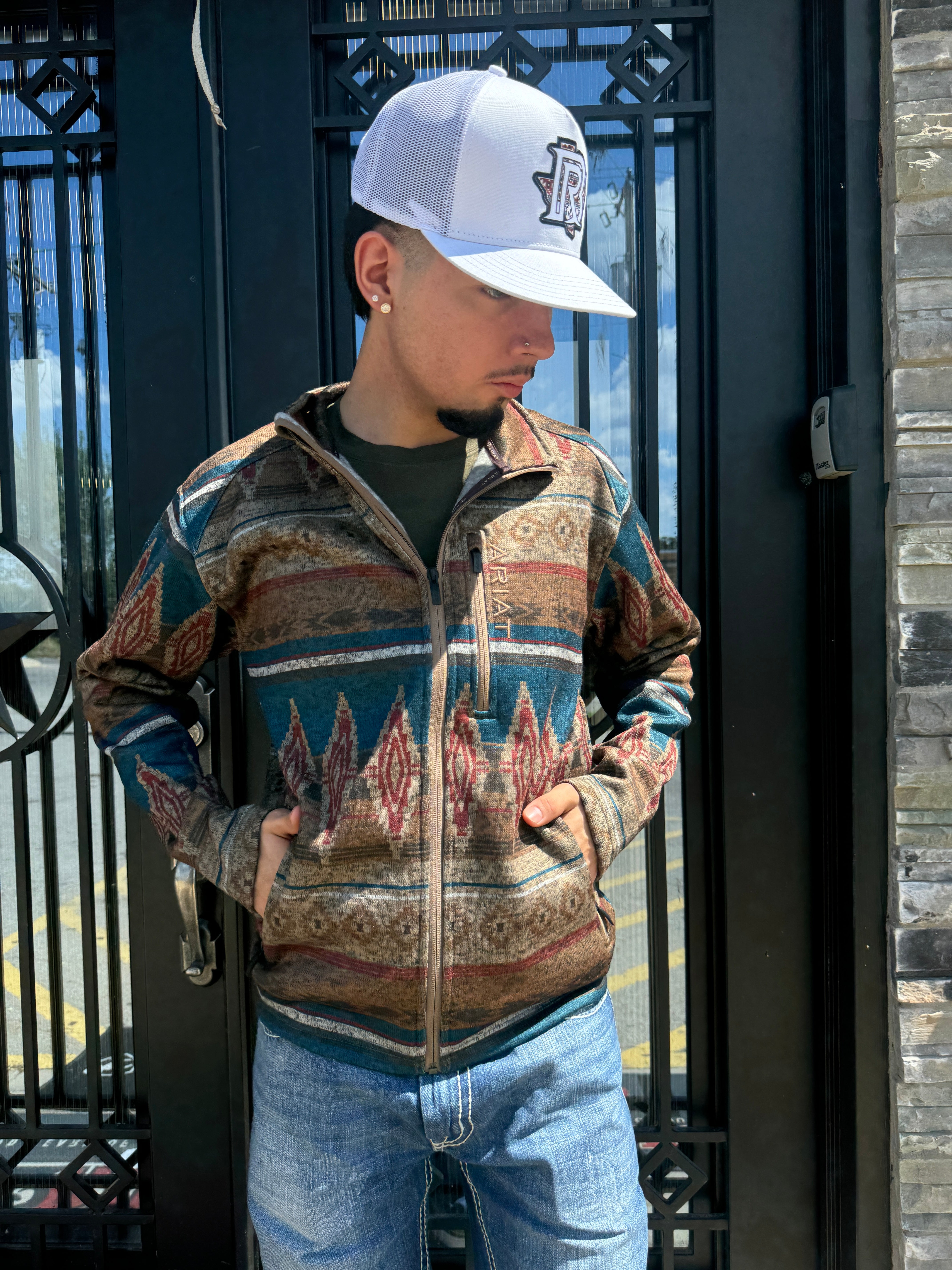 MENS ARIAT OXFORD TAN SOUTHWEST PRINT CALDWELL FULL ZIPPER SWEATER | 10052818