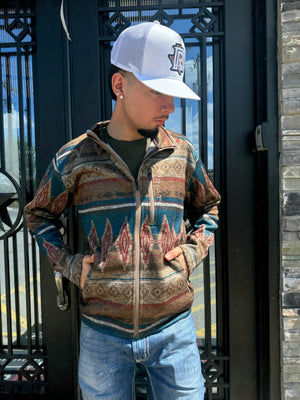MENS ARIAT OXFORD TAN SOUTHWEST PRINT CALDWELL FULL ZIPPER SWEATER | 10052818