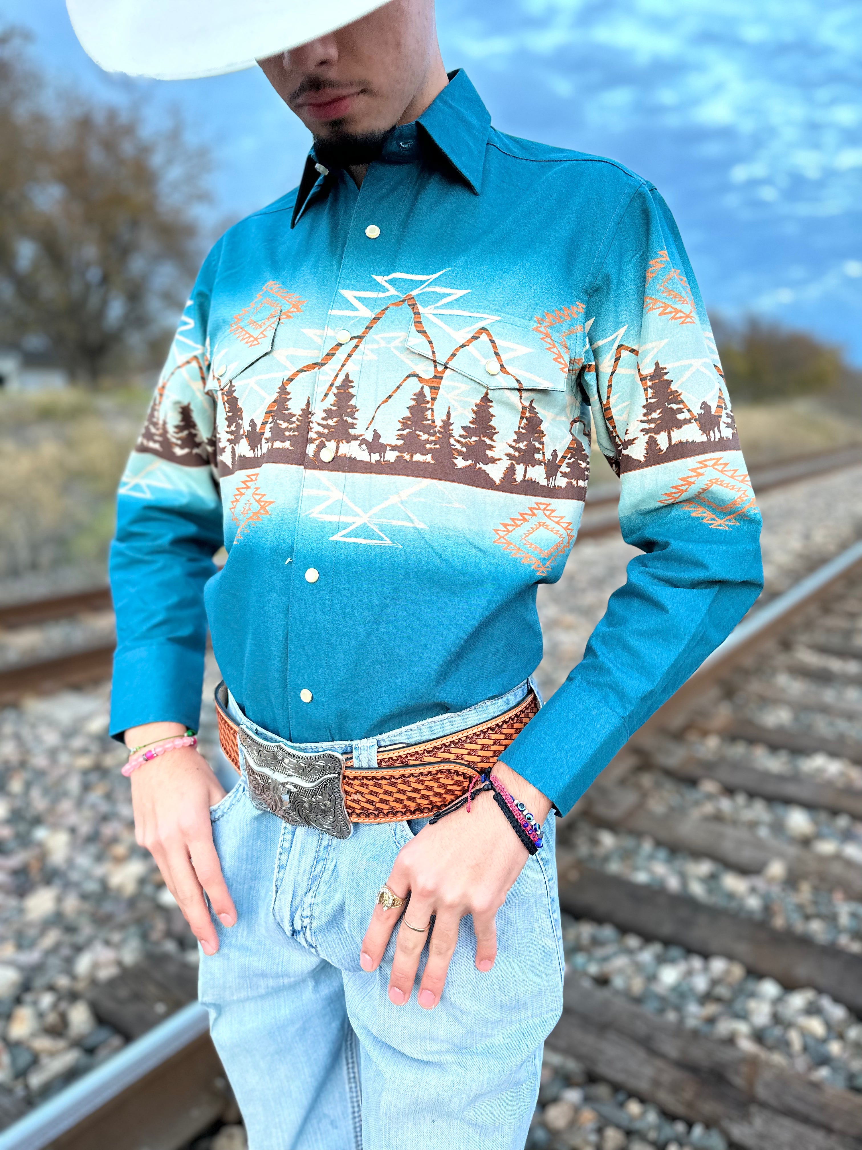 Mens long sleeve Aztec mountain borders snap shirt | SMN2S02455