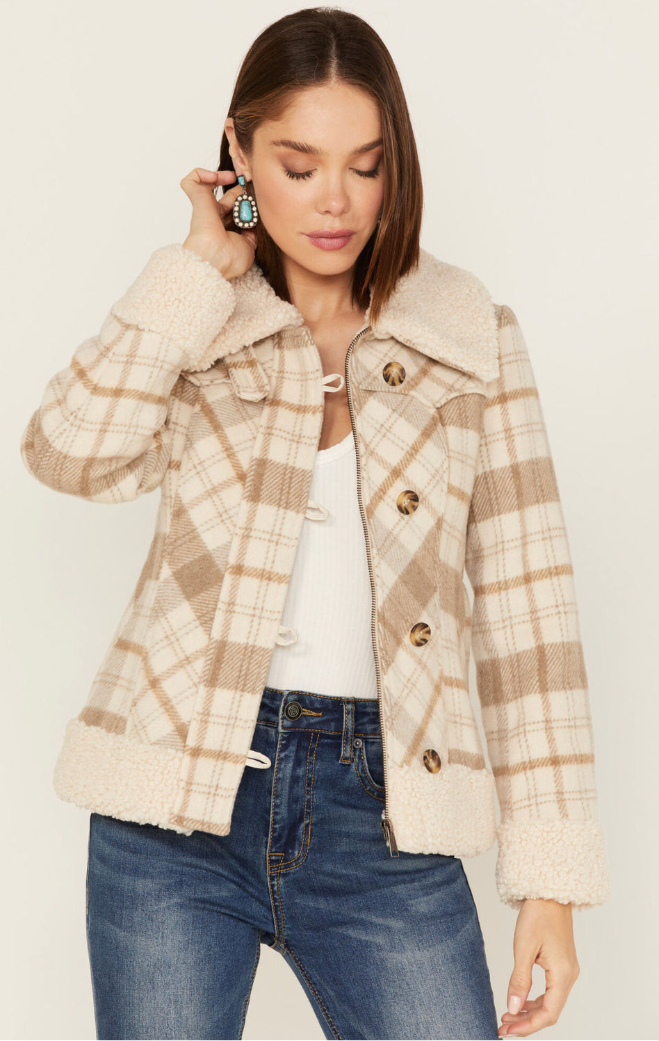 LADIES WOOL PLAID COAT NATURAL PANHANDLE | PRWO92RZYU