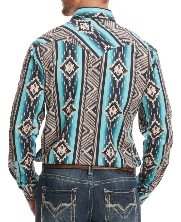 Rock & Roll  Men's Navy & Turquoise Aztec Print Long Sleeve Western Shirt| BMN2S02150