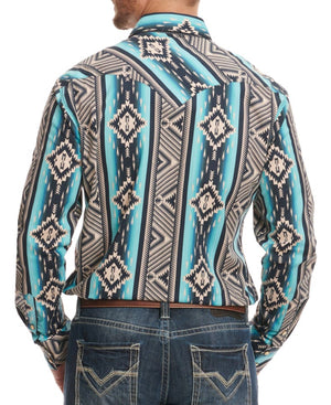 Rock & Roll  Men's Navy & Turquoise Aztec Print Long Sleeve Western Shirt| BMN2S02150