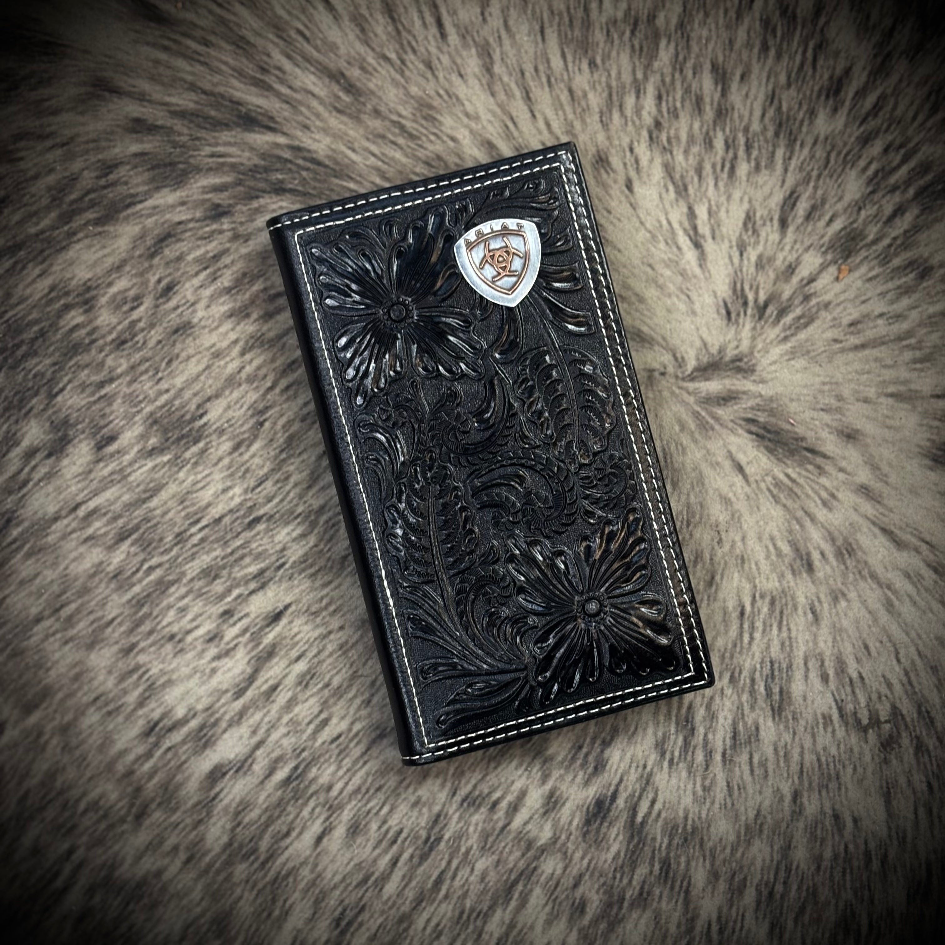 Ariat Western Mens Wallet Rodeo Leather Embossed Floral Concho Black |A3559701