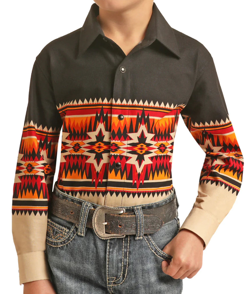 BOYS PANHANDLE LONG SLEEVE SHIRT AZTEC BORDER BLACK |PHBSOSRZ5W