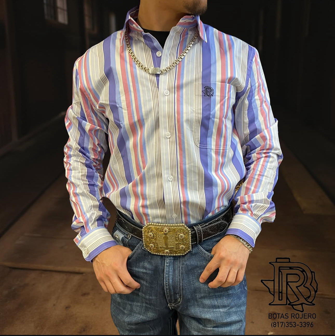 ‘’EASTON’’ IRON SPUR WESTERN CO.|MEN’S BLUE/PINK LONG SLEEVE STRIPE SHIRT