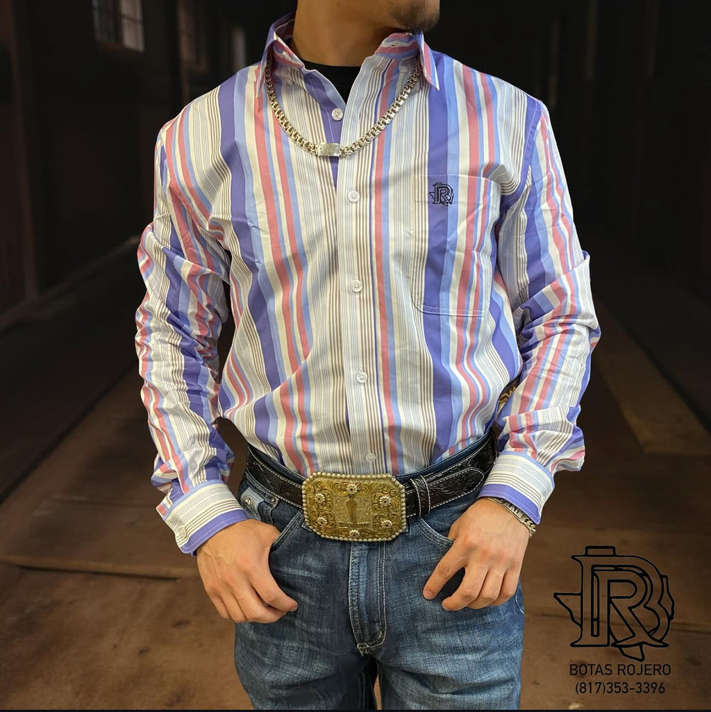 ‘’EASTON’’ IRON SPUR WESTERN CO.|MEN’S BLUE/PINK LONG SLEEVE STRIPE SHIRT