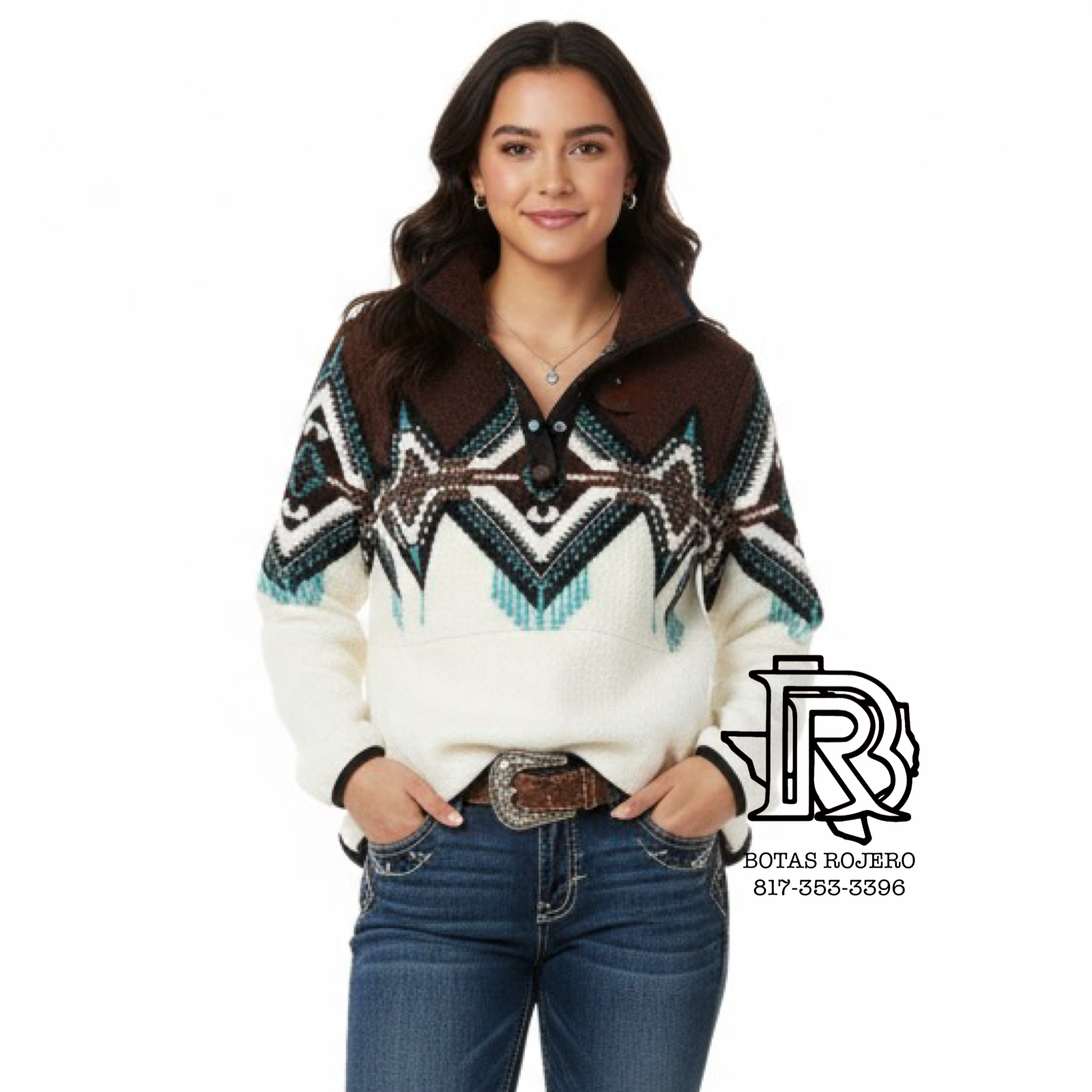 Powder River Women's Dark Brown Border Berber pullover | DW91C04069