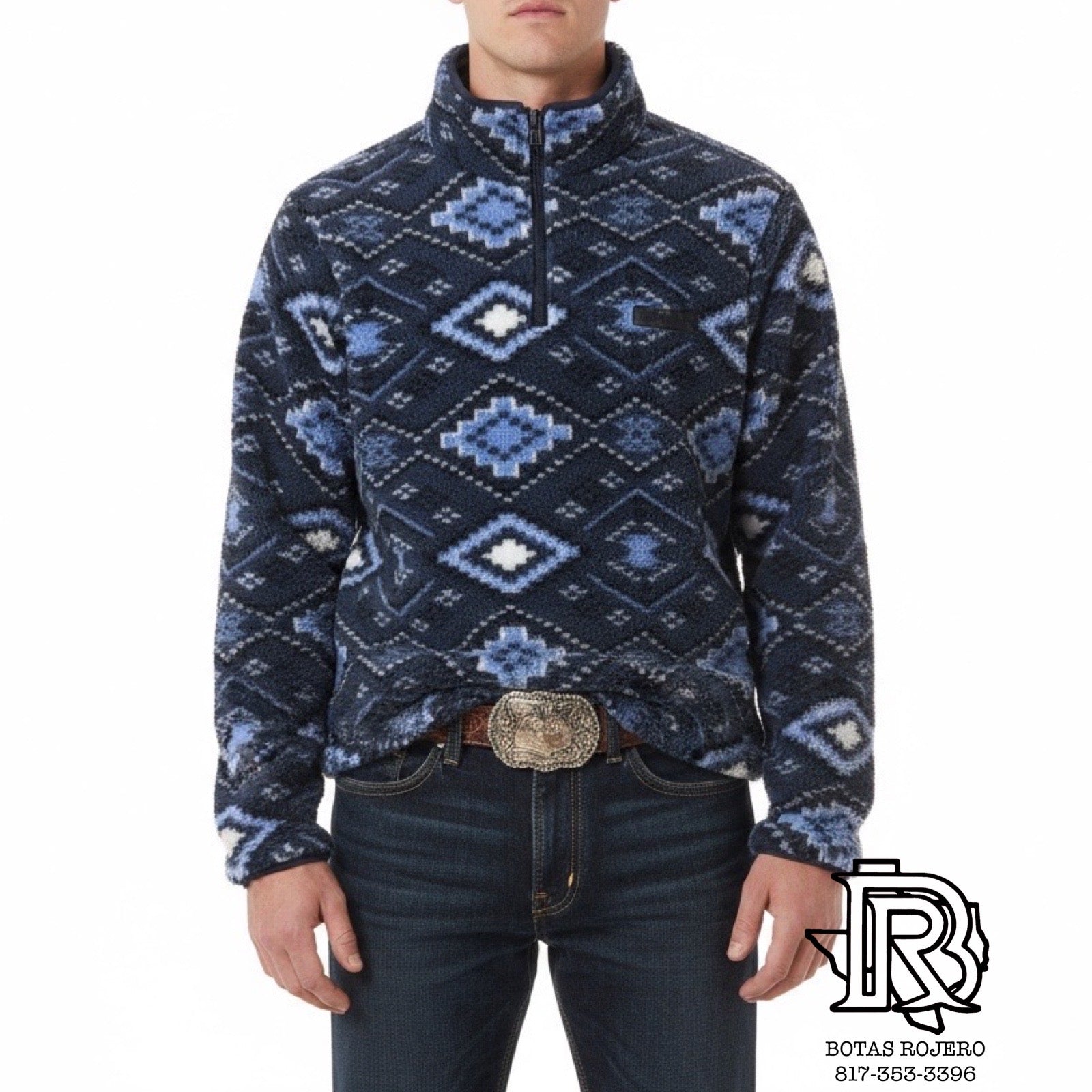 MENS ROCK & ROLL BLUE AZTEC PRINTED SHERPA PULLOVER| BM91T05369