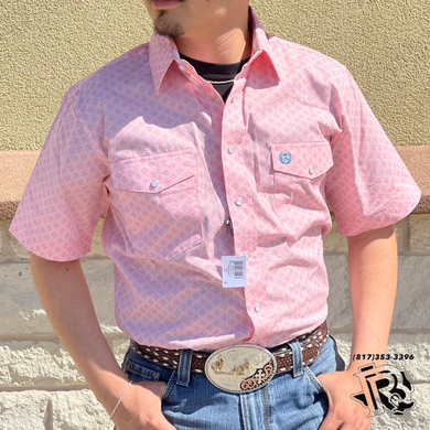 Panhandle Men's Slim Fit Diamond Print Snap Short Sleeve Shirt  Melon | PMN3S03335
