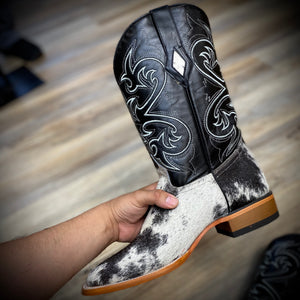 “ LUKE “ | COWHIDE WESTERN BOOTS WHITE BLACK SQUARE TOE