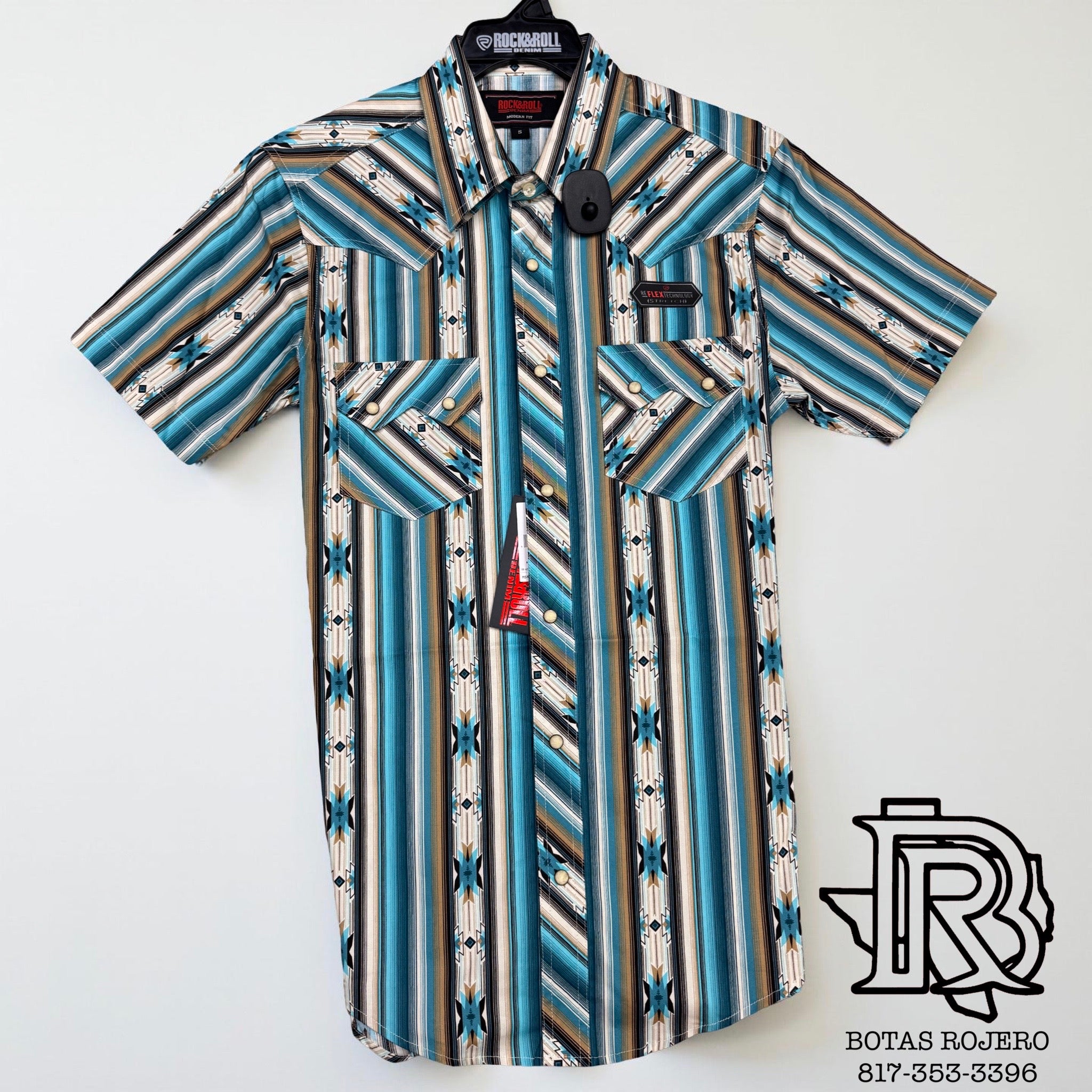 MEN’S ROCK & ROLL BRIGHT TURQUOISE AZTEC PRINT SHORT SLEEVE SHIRT | BMN3S05855