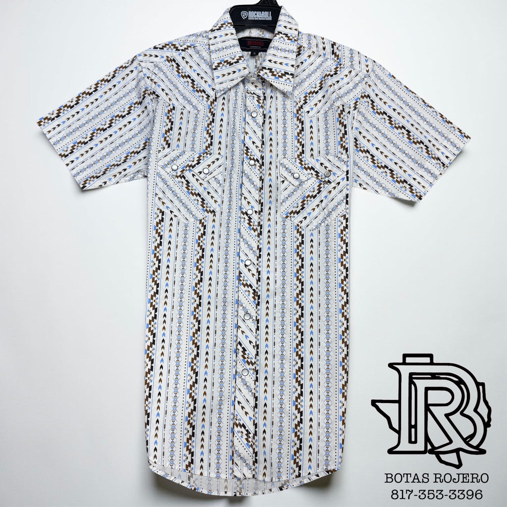 ‘’BRANDO’’ ROCK & ROLL WHITE AZTEC STRIPED SHORT SLEEVE SHIRT |BMN3S06493