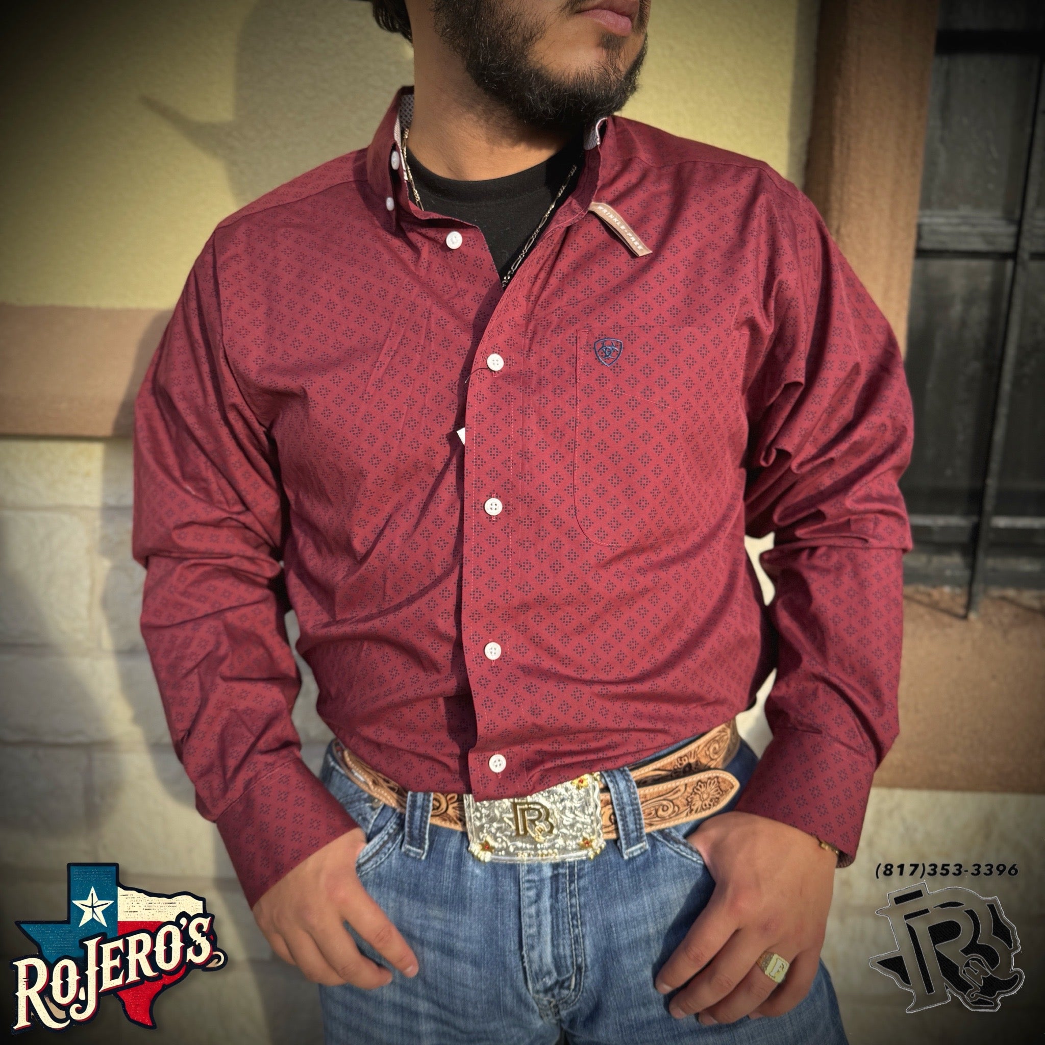 ARIAT MENS ISSAC LONG SLEEVE DARK RED SHIRT |10054047