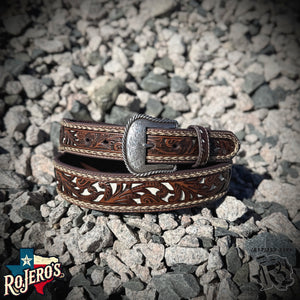 ‘’JONES’’ Nocona Men's Brown with cowhide Inlay Tooled Western Belt |N20009602