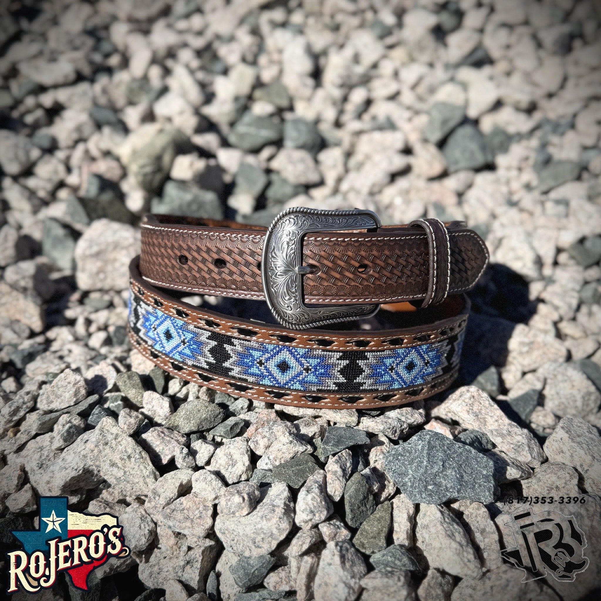 ‘’DANIEL’’ 3D Western Belt Mens Diamond Inlay Embossed Brown Blue |D100017002