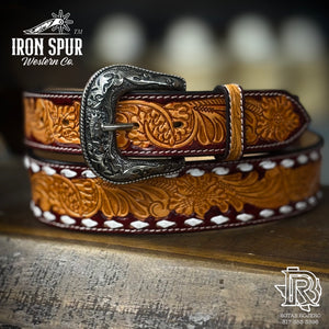 “ TRAVIS “ | IRON SPUR ™️ WESTERN MEN TOOLED LEATHER BELT MAROON