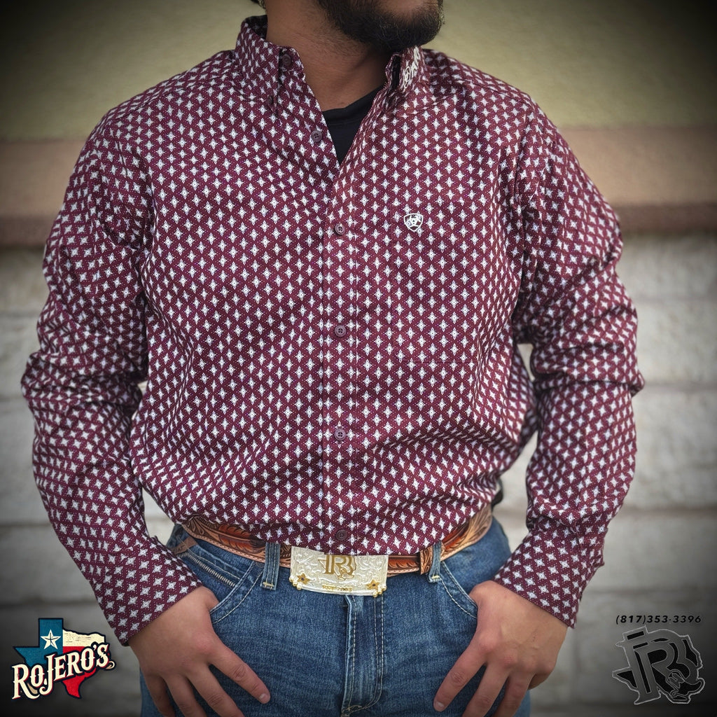 MENS ARIAT BURGUNDY/WHITE TEAM OMAR LONG SLEEVE SHIRT | 10054055