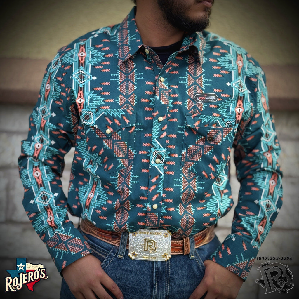 Mens long sleeve 2pkt Aztec woven snap turquoise shirt | BMN2S02151