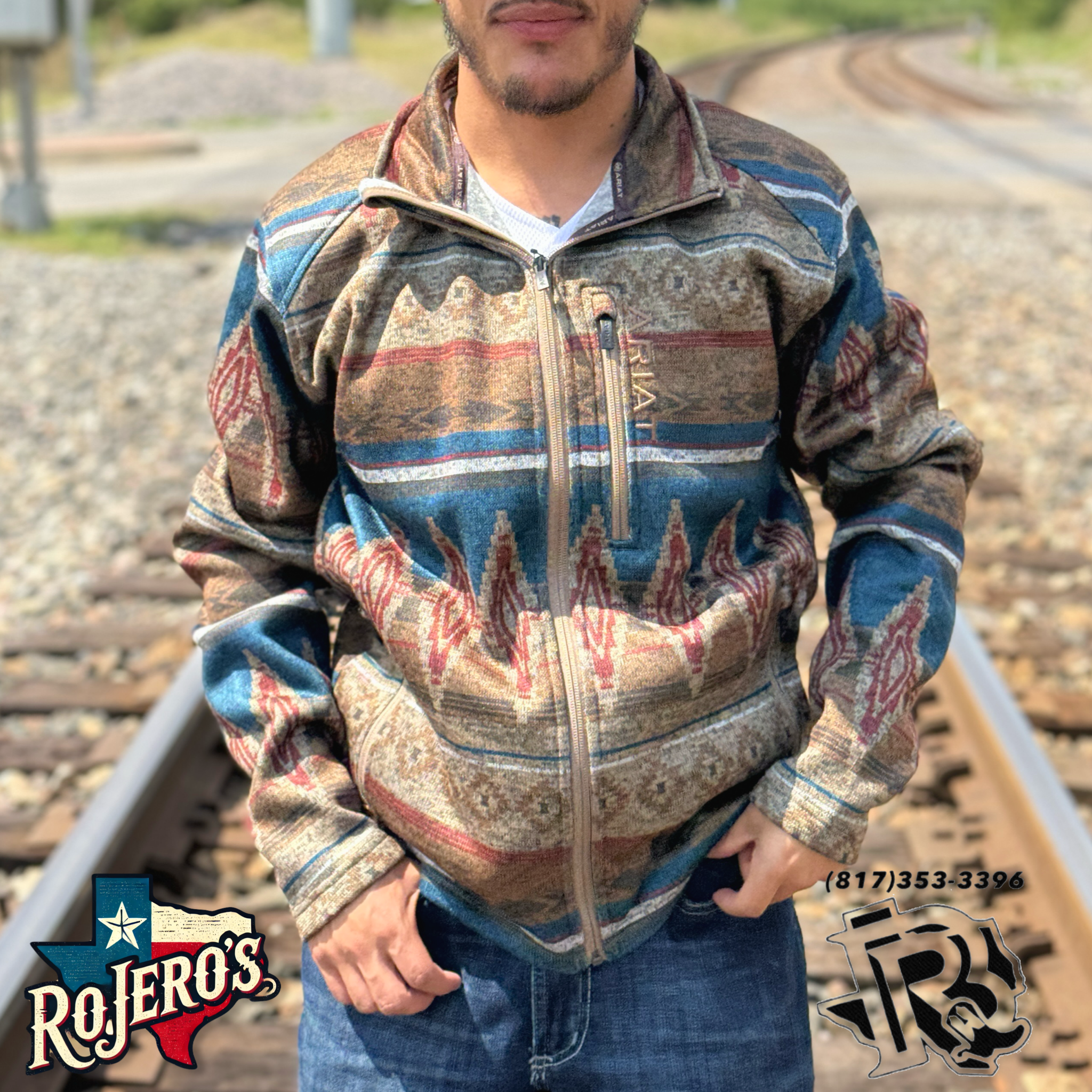 MENS ARIAT OXFORD TAN SOUTHWEST PRINT CALDWELL FULL ZIPPER SWEATER | 10052818
