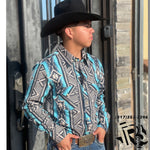Rock & Roll  Men's Navy & Turquoise Aztec Print Long Sleeve Western Shirt| BMN2S02150