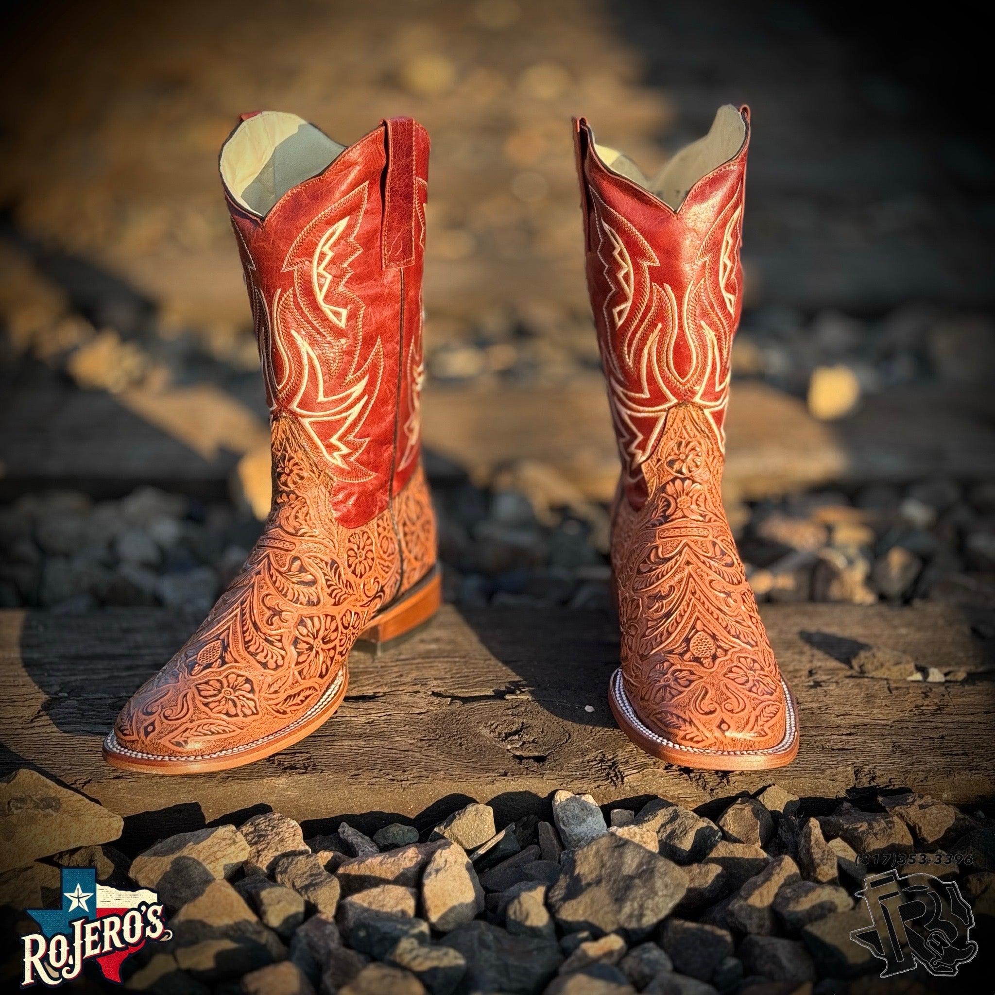 “ ALFREDO “ | Mens Cognac TOOLED LEATHER Embossed SQUARE TOE BOOTS