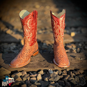 “ ALFREDO “ | Mens Cognac TOOLED LEATHER Embossed SQUARE TOE BOOTS